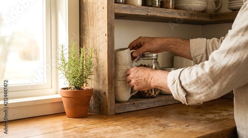 Hands wearing a light-colored sleeve reach into a rustic wooden shelf to pick up a stack of textured ceramic mugs near a jar of food.