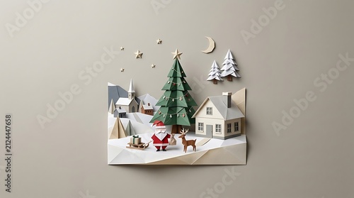 Minimalist papercraft winter village with santa and christmas tree