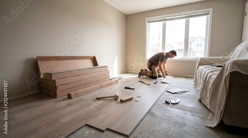 A man installing laminate flooring in a room with boxes of materials and tools scattered around.
