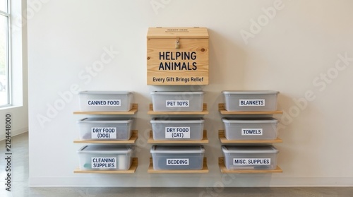 Organized donation station for animal welfare center featuring wooden donation box and labeled storage bins for pet food toys blankets and supplies on clean white wall in modern shelter facility today