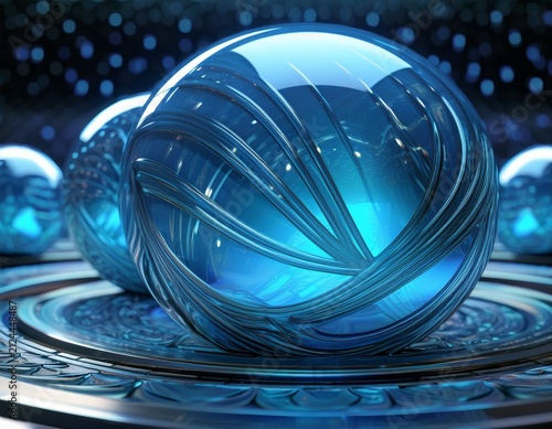 abstract glass spheres with gradient blue patterns create a futuristic 3d background modern geometric shapes feature light reflections and digital texture for tech designs