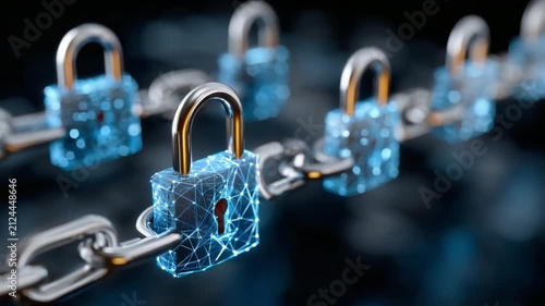 Blockchain Security: A digital chain of interconnected, glowing blue padlocks symbolizes the robust security and decentralized nature of blockchain technology.