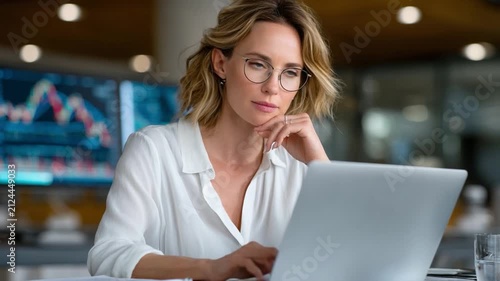 Focused Professional at Work: A blonde businesswoman with glasses intently studies data on her laptop, a look of deep concentration on her face.