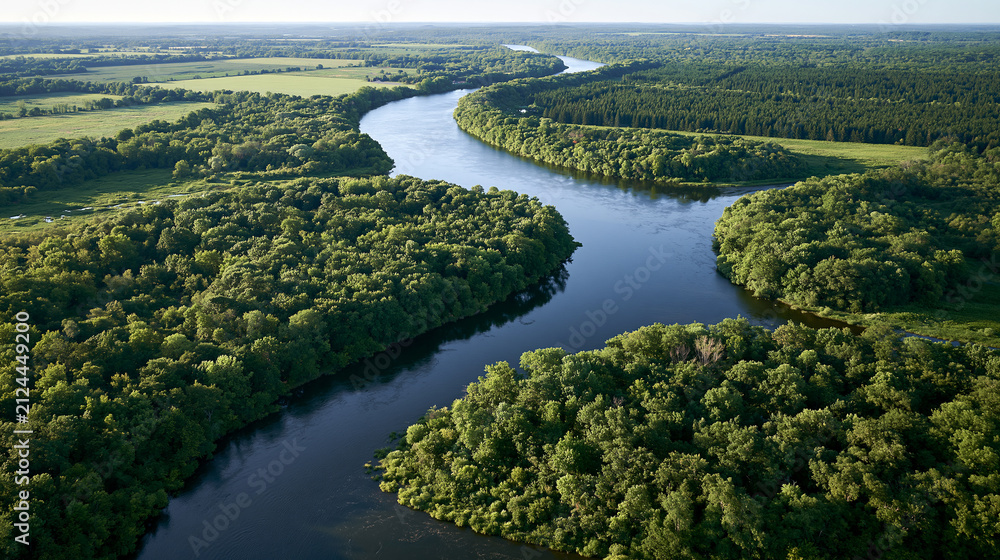 Fototapeta premium Winding River Flowing Through Dense Green Forest Showing Untouched Natural Watershed Seen from a High Aerial Perspective