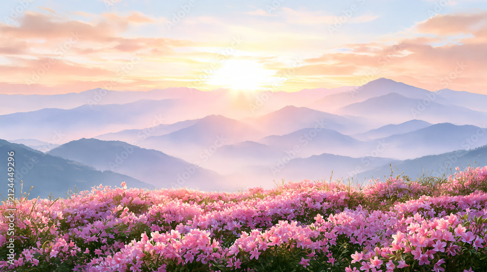 Obraz premium Dreamy Scenic View of Pink Flower Meadow Overlooking Layered Mountain Ranges During a Soft Golden Sunrise