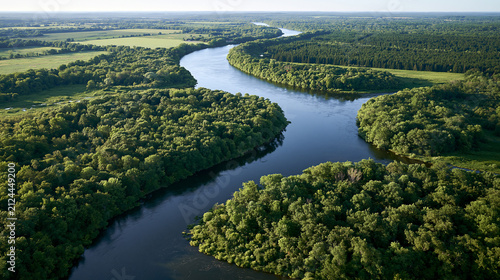 Winding River Flowing Through Dense Green Forest Showing Untouched Natural Watershed Seen from a High Aerial Perspective