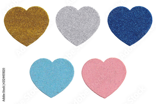 Glitter heart set including gold, blue, pink and silver sparkling shapes isolated on transparent background. Romantic decoration and Valentine's Day craft collection.