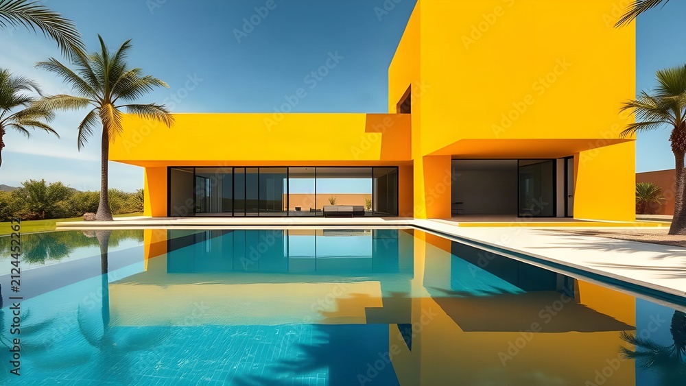 Fototapeta premium minimalist modern architecture villa with yellow walls and teal swimming pool.