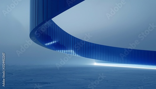 A sleek, curving blue architectural form over a misty, reflective surface at twilight with glowing accents.