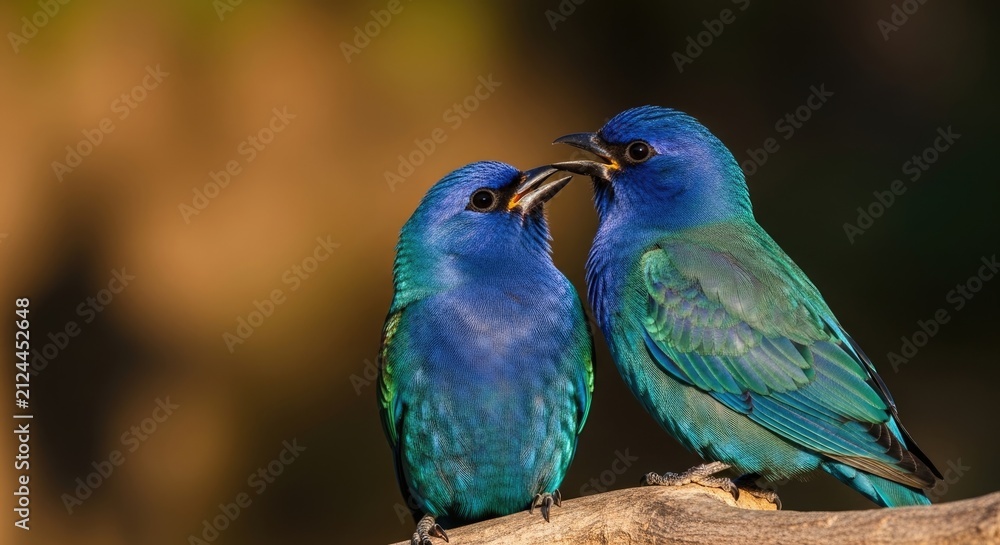 Fototapeta premium Two blue birds on branch, interacting, colorful