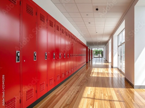 Empty factory rows of red lockers on both sides and polished wooden floors