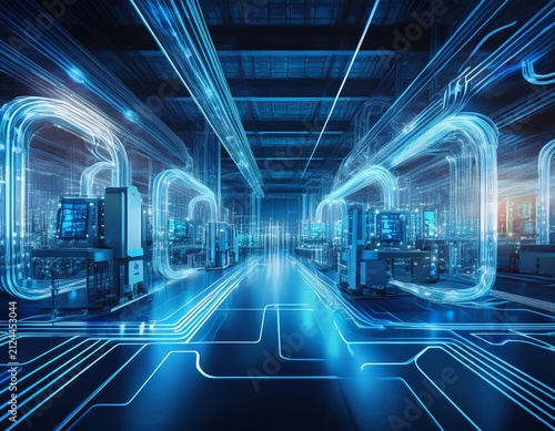 digital twin of an automated smart factory with blue data flows