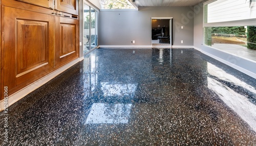 glossy epoxy flake garage floor coating in a modern home interior