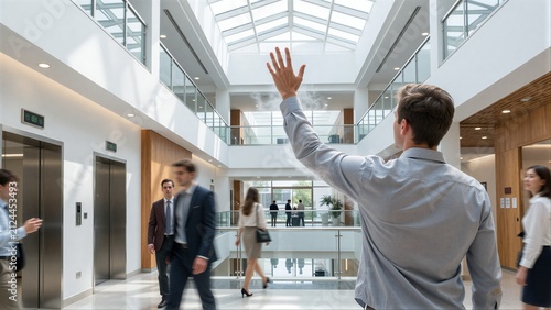 Man in office lobby exhales steam, signaling stress or exhaustion amidst busy corporate environment.