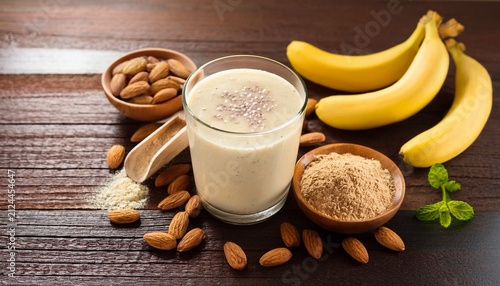 banana smoothie with almonds and protein powder on a wooden table