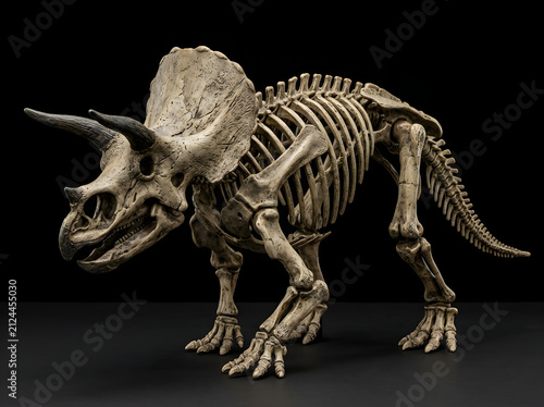 Full triceratops dinosaur skeleton fossil displayed against a black background with triceratops skeleton dinosaur paleontology prehistoric creature triassic jurassic cretaceous scientific