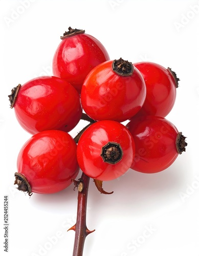 Cluster of vibrant red, ripe rose hips on a thorny branch