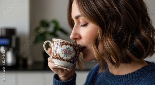 Woman Enjoying Coffee in Kitchen
