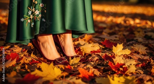 woman feet in autumn leaves wearing green dress and high heels