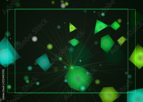 Abstract Digital Background with Glowing Green Geometric Shapes and Particles