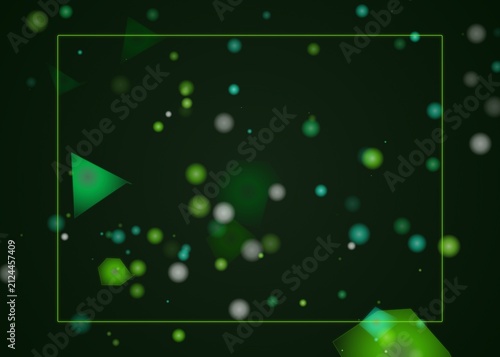 Abstract Green Digital Background with Floating Geometric Shapes and Soft Glowing Particles
