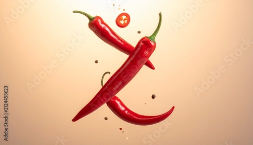 Dynamic composition of red hot chili peppers floating in the air with spices against a warm background