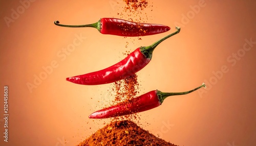 Red hot chili peppers levitating in the air with falling spice powder on an orange background