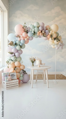 Elegant Baby Shower Decor with Pastel Balloons and Flowers.