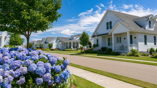 Beautiful suburban street view with blooming hydrangeas, bright blue sky, and charming white houses in a peaceful residential neighborhood