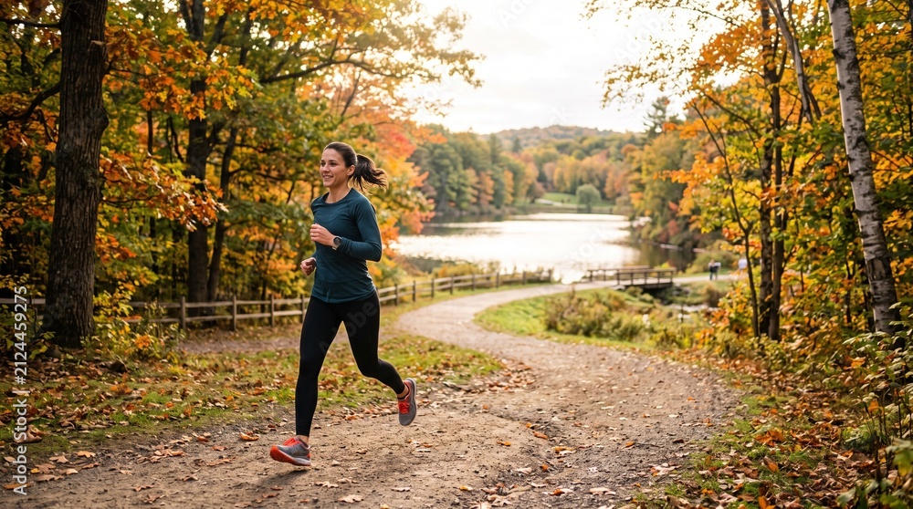 Fototapeta premium Woman running on a scenic park trail during autumn with colorful foliage and a lake