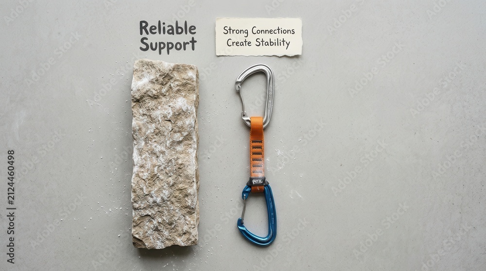 Fototapeta premium Durable climbing gear and natural stone symbolizing reliable support and strong connections, showcasing how stability is built through quality equipment and firm partnerships on a grey surface surface