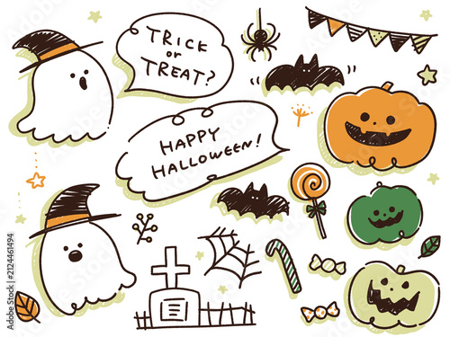 ハロウィンのシンプルでラフな手書きイラストセット
