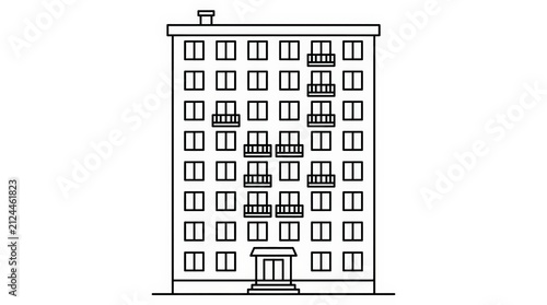 Urban Apartment Building Icon: Multi-Unit Residential Structure Line Art Representing City Living and Real Estate