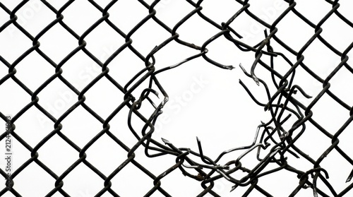 Broken metal chain link fence featuring a large central hole. This damaged wire mesh barrier symbolizes a security breach and provides a symbolic path for freedom or escape from restricted locations.