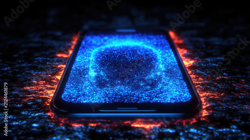 Futuristic Smartphone Displaying Abstract Digital Face Made of Blue Particles, Surrounded by Fiery Energy