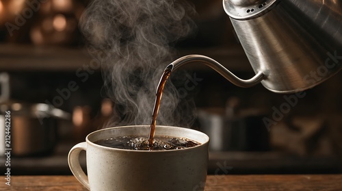 Hot steaming black coffee pouring smoothly from gooseneck kettle into ceramic cup, depicting artisanal pour over brewing, fresh barista coffee, and morning caffeine ritual.