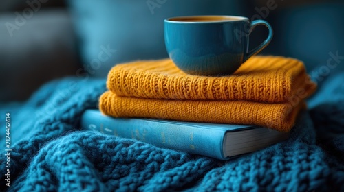 Cozy Autumn Scene: Blue Coffee Cup on Stacked Orange Sweaters and Book, Wrapped in Teal Blanket