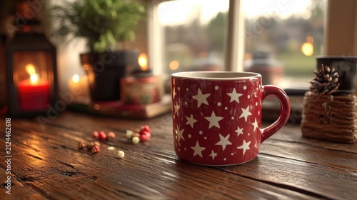 Cozy Christmas Morning Scene: Red Star Mug, Candlelight, and Window View