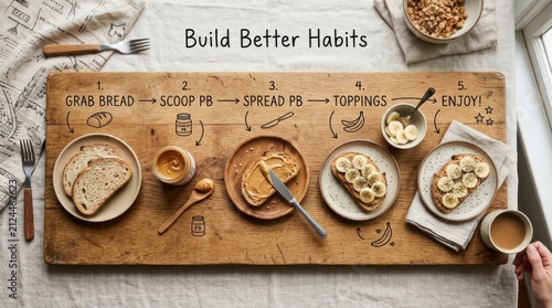 Nutritious breakfast preparation infographic showing five steps to build better habits using peanut butter and banana toast on a rustic wooden board, ideal for healthy lifestyle and wellness journeys.