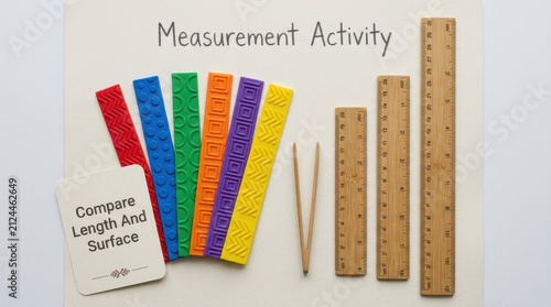Educational measurement activity set for children featuring colorful textured strips and wooden rulers arranged on white background, showcasing length and surface comparison for early mathematics