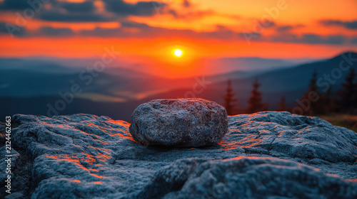 Frosted Stone and Fiery Sunset Over Mountain Landscape