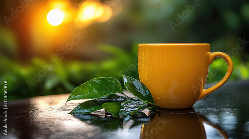Warm Sunrise Brew: Yellow Mug with Dewy Tea Leaves on Wet Surface, Golden Hour Light