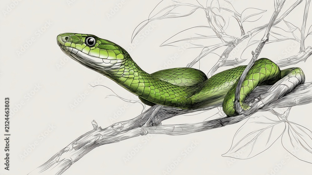 Obraz premium Realistic Illustration of a Green Snake on a Branch in Nature