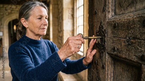 Elderly woman using an antique key to open a large wooden door