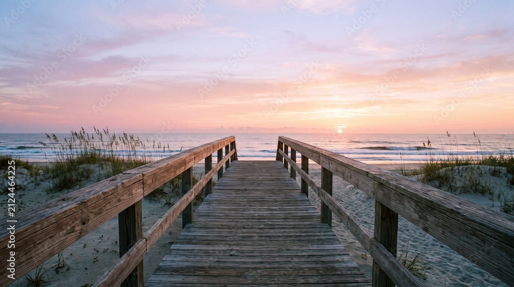 Fototapeta premium Wooden boardwalk leading to ocean beach at sunset