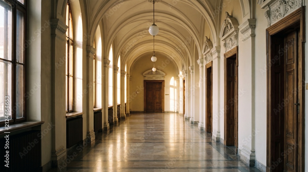 Naklejka premium Elegant Classical Hallway with Arched Ceilings and Natural Light