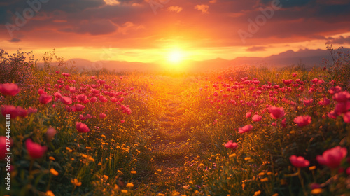 Vibrant Poppy Field at Sunset, Golden Hour Light Illuminating Nature's Beauty