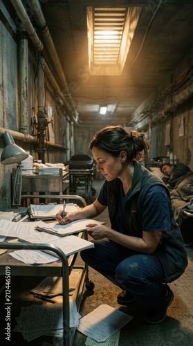 Female Researcher Working Diligently In A Dimly Lit Underground Archive