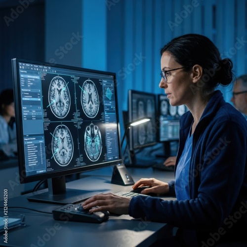 Female Scientist Analyzing Brain Scans On Computer In Modern Laboratory