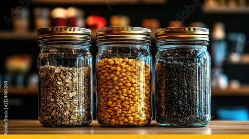 Three Glass Jars Filled with Grains, Lentils, and Seeds on a Wooden Countertop, Blurred Cafe Background